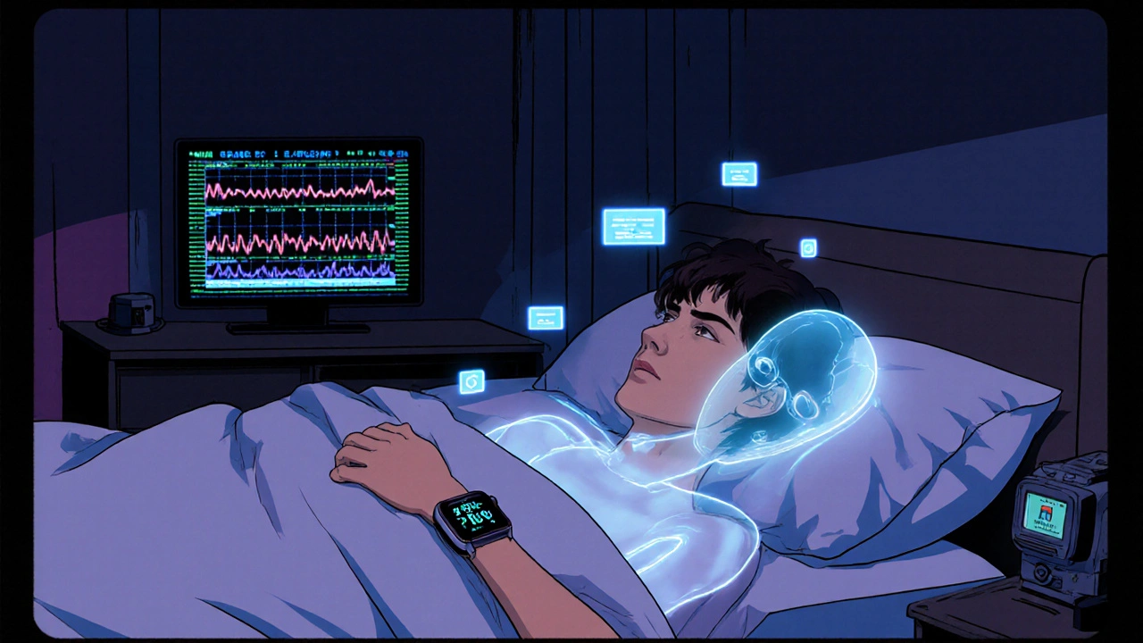 An adult in bed with a vibrating smartwatch as a ghostly version of themselves rises.