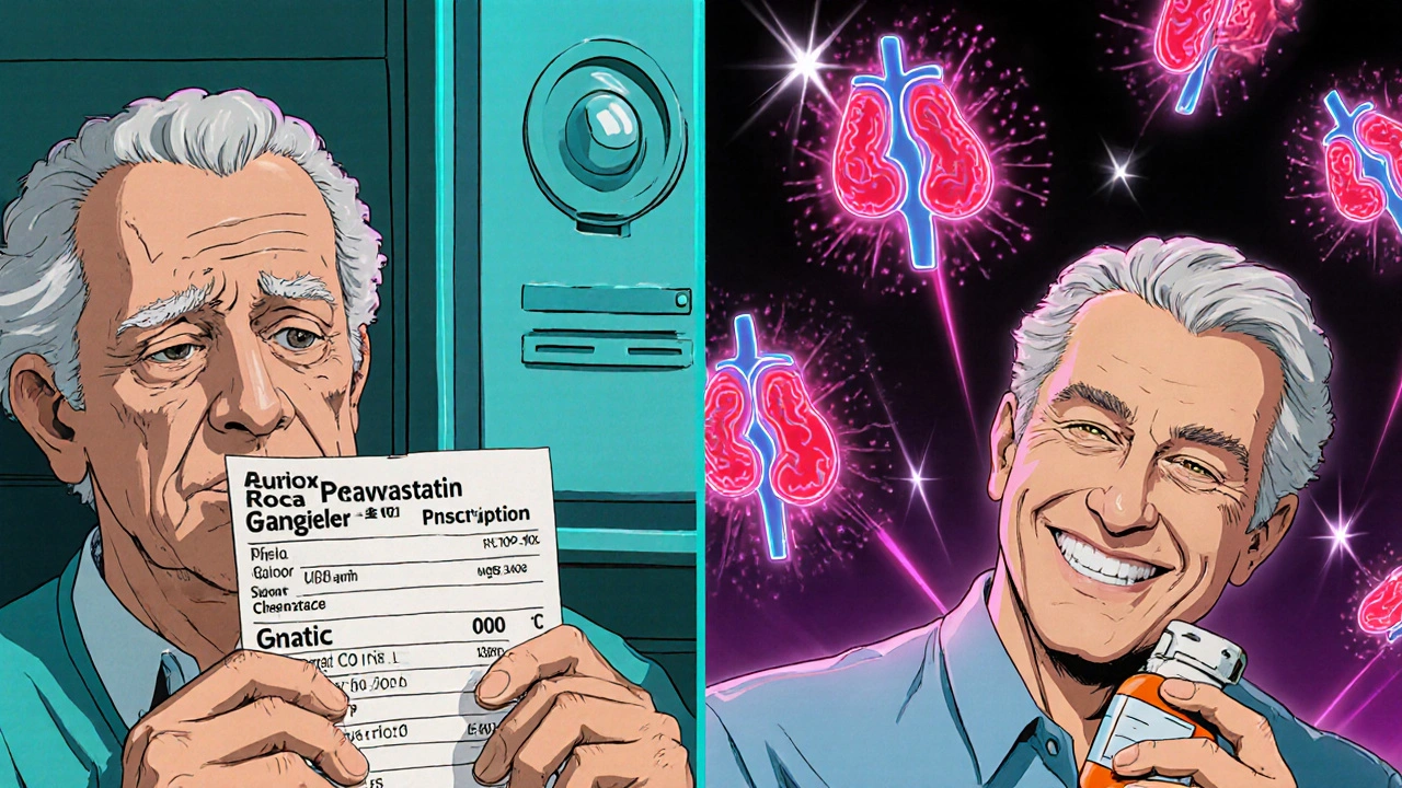 An elderly man smiling with a low-cost pitavastatin bottle as plaque dissolves from his arteries.