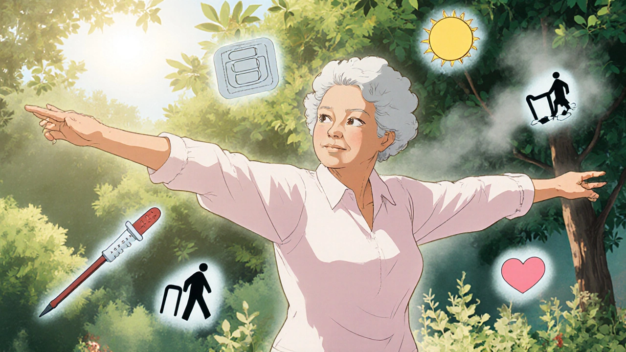 An older woman standing steadily in a garden, surrounded by icons of non-opioid therapies as opioid symbols fade behind her.