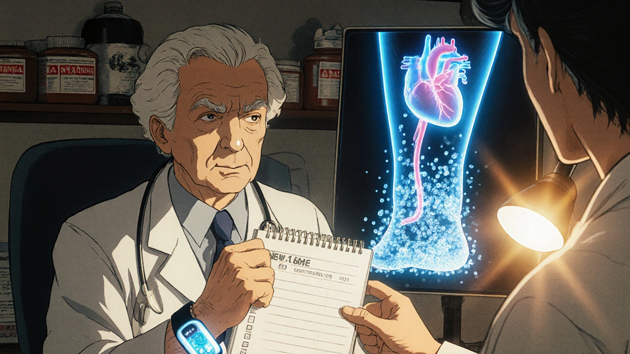 Elderly patient with wearable device detecting fluid buildup, doctor viewing holographic heart scan.