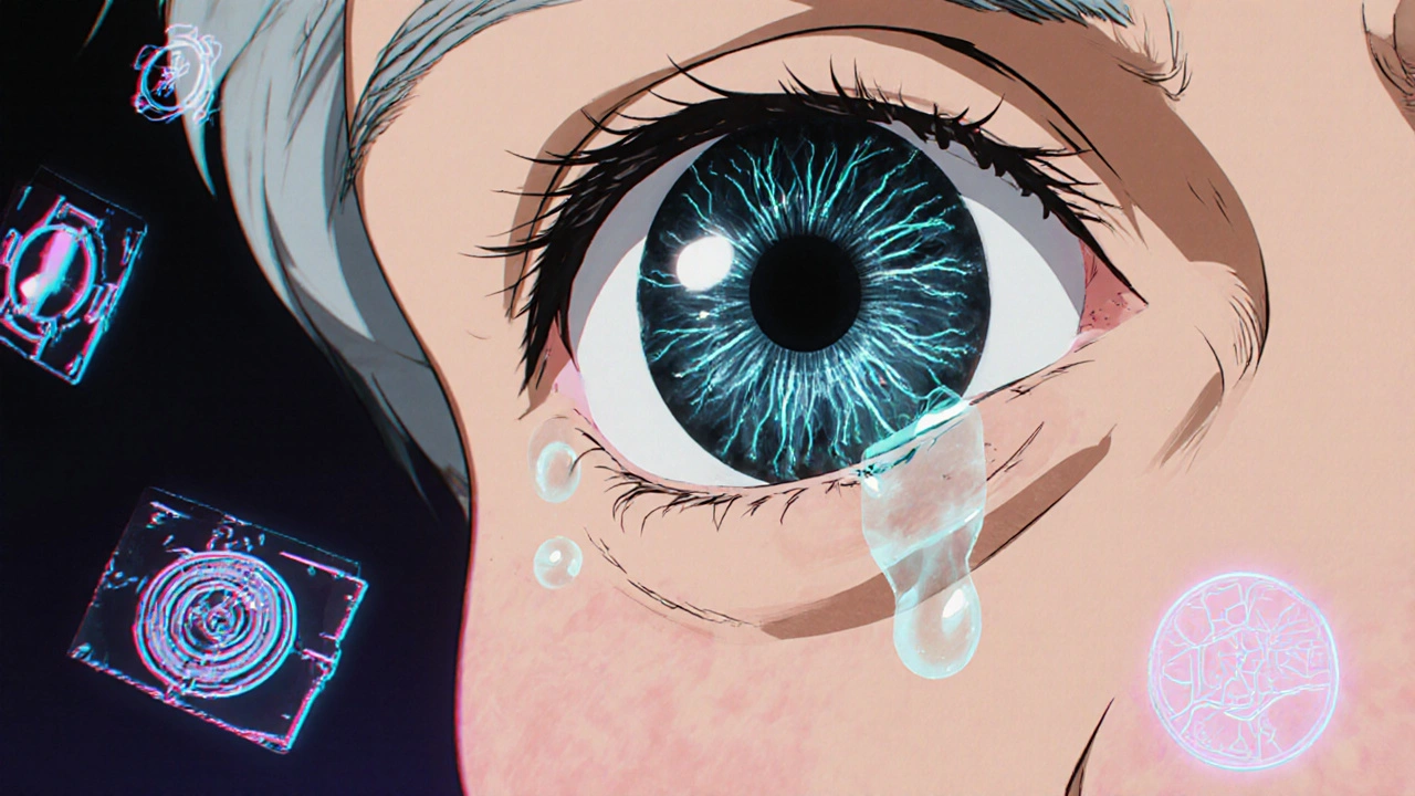 Elderly woman’s eye with internal scans showing thinning nerves and diagnostic icons in neon anime style.