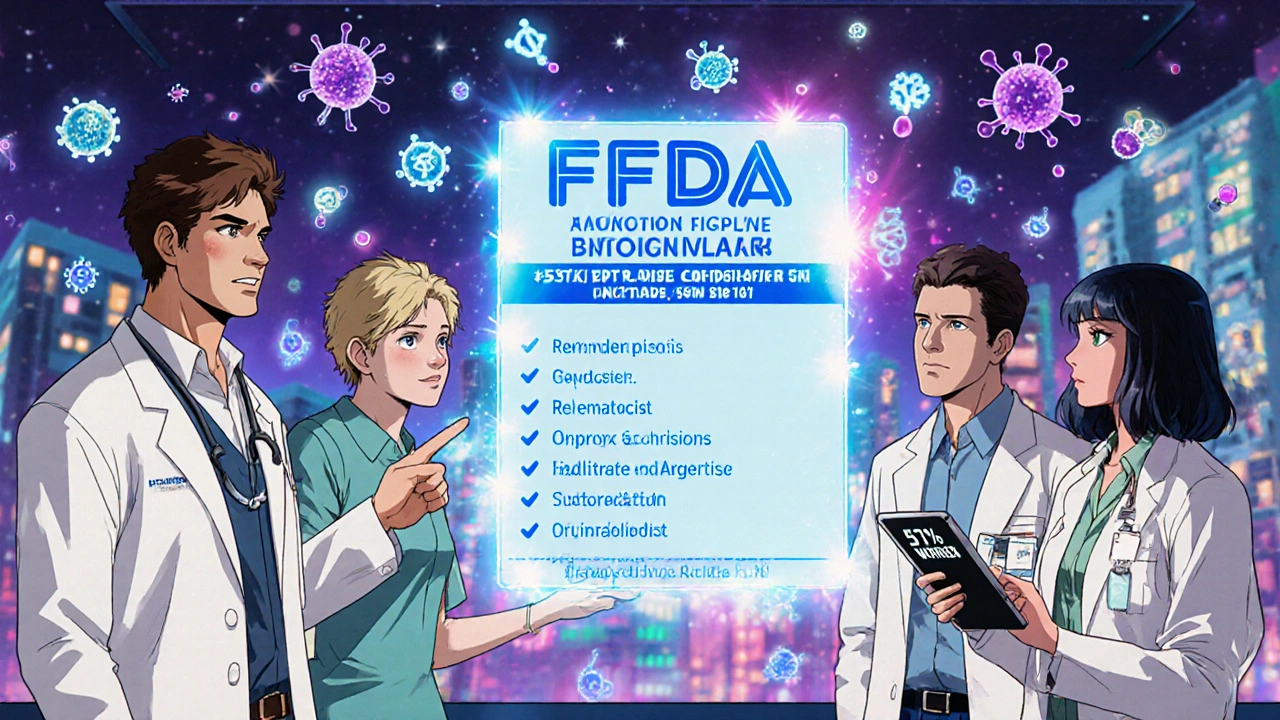 Healthcare providers studying a holographic FDA label showing multiple approved uses for a biosimilar.
