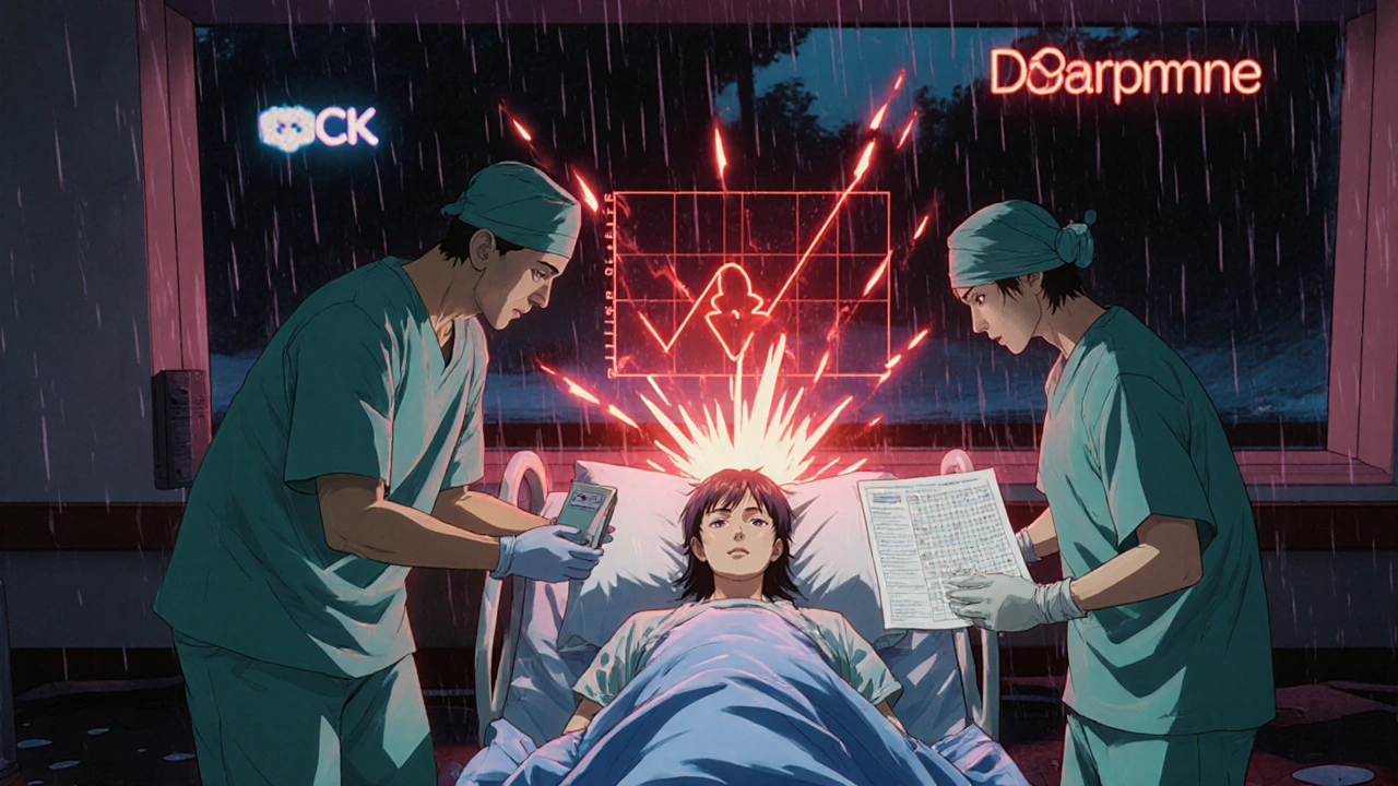 ICU team working urgently on a patient under cooling blankets, with glowing medical data and neon lighting.