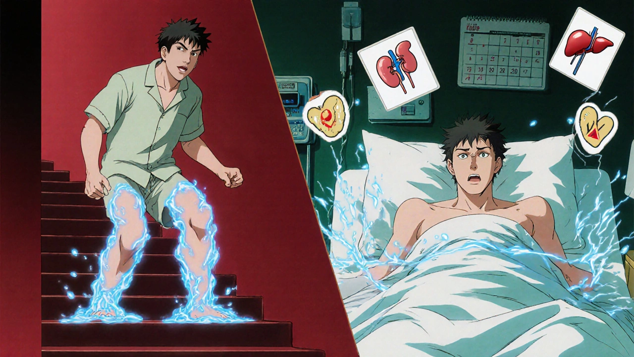 Man struggling to climb stairs while fluid rises toward his chest, medical icons glowing.