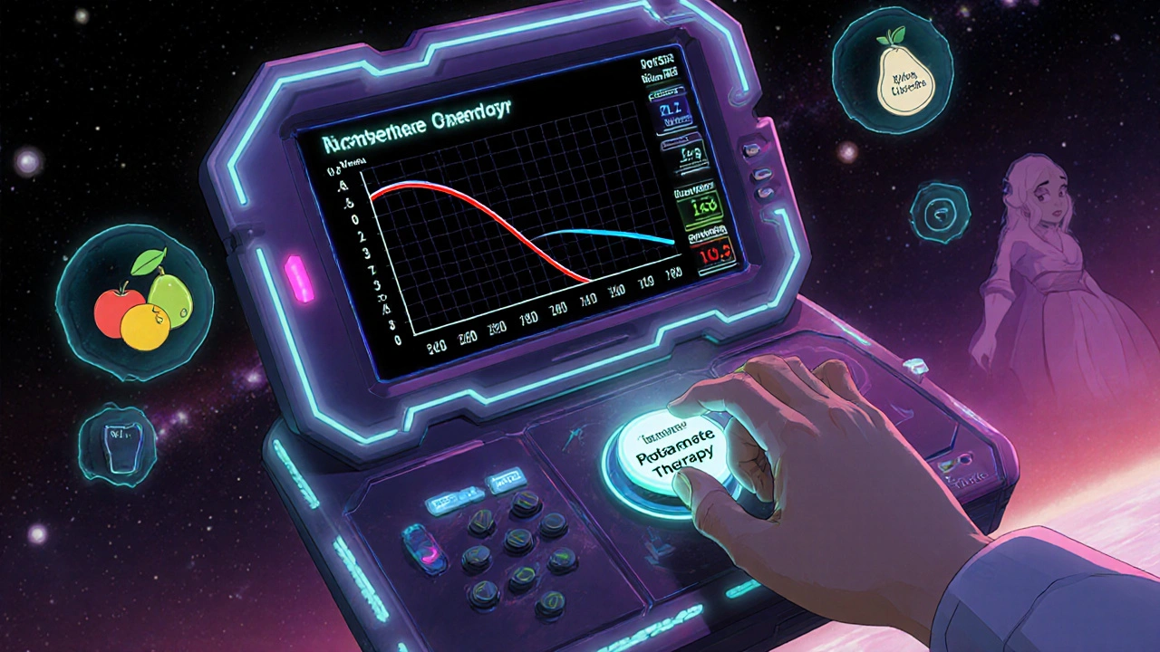 Medical console showing slowed kidney decline with therapy icons floating nearby