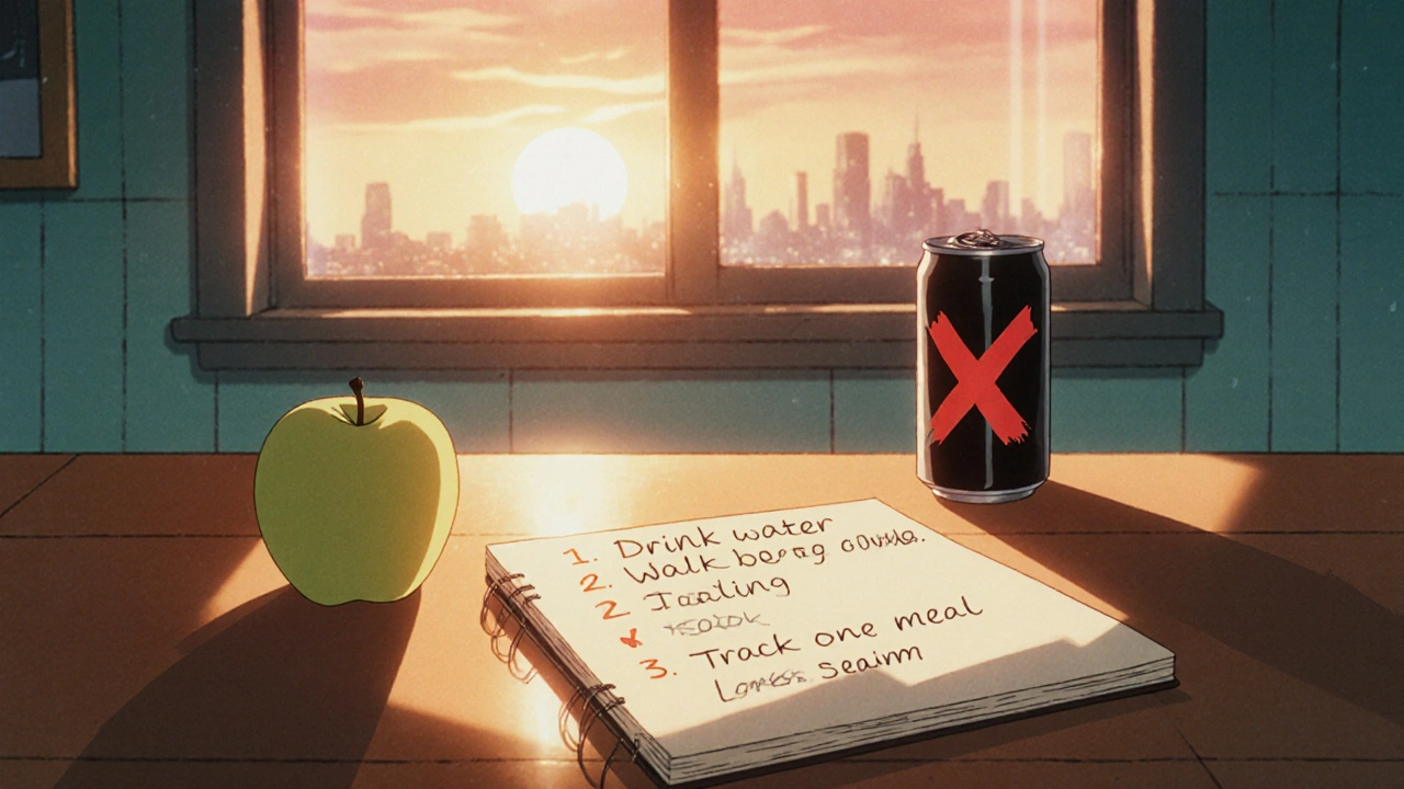 Notebook with weekend health checklist beside apple and crossed-out soda