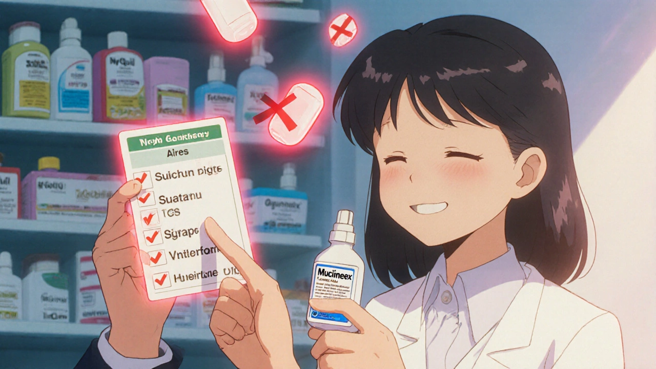 Patient and pharmacist holding safe cold remedies with forbidden pills marked by red Xs in nostalgic anime style.