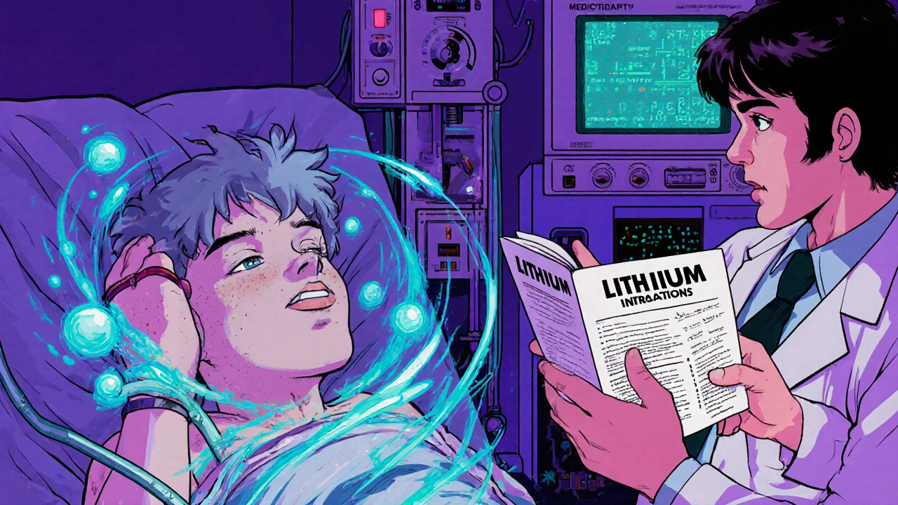 Patient in ER receiving hemodialysis as lithium particles glow in their bloodstream, medical staff rushing.