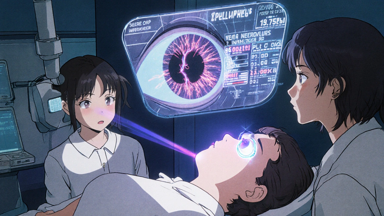 Patient receiving glaucoma implant with AI hologram displaying nerve regeneration in retro-futuristic clinic.