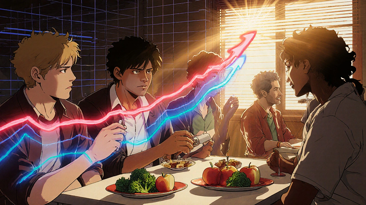 Patients eating healthy foods as their blood pH rises with glowing effects