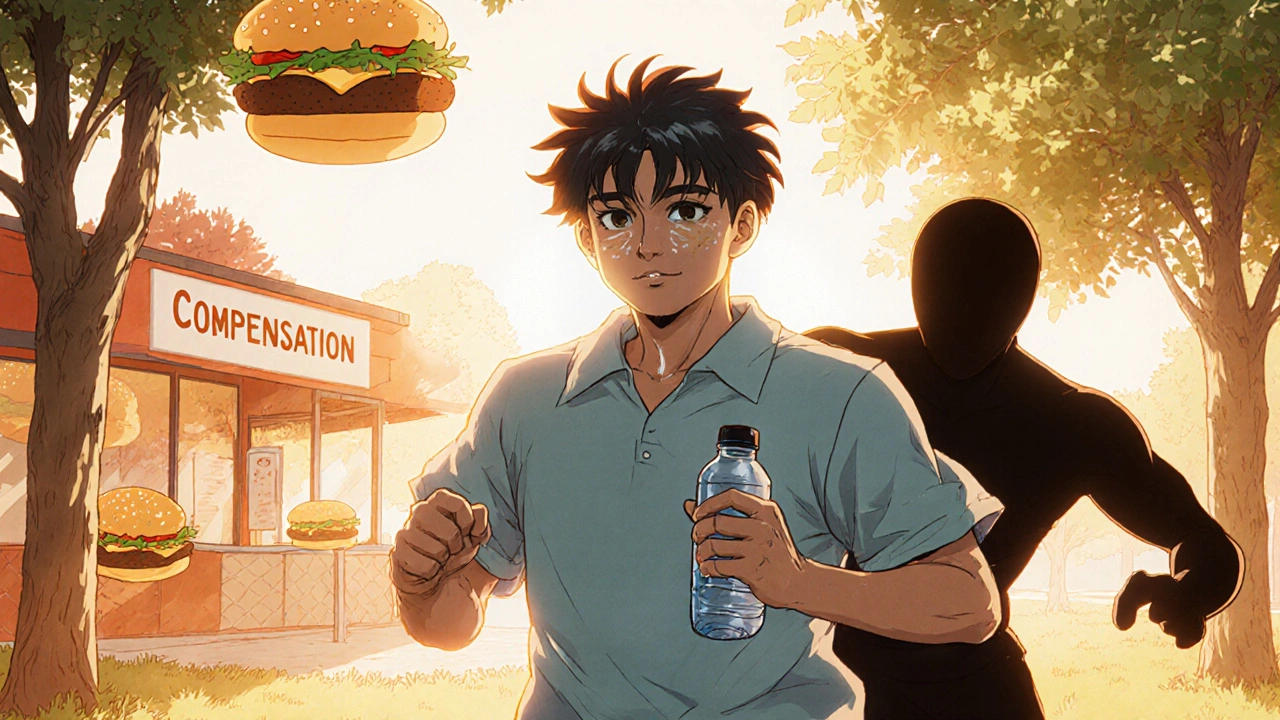 Person walking in park, resisting temptation of floating junk food