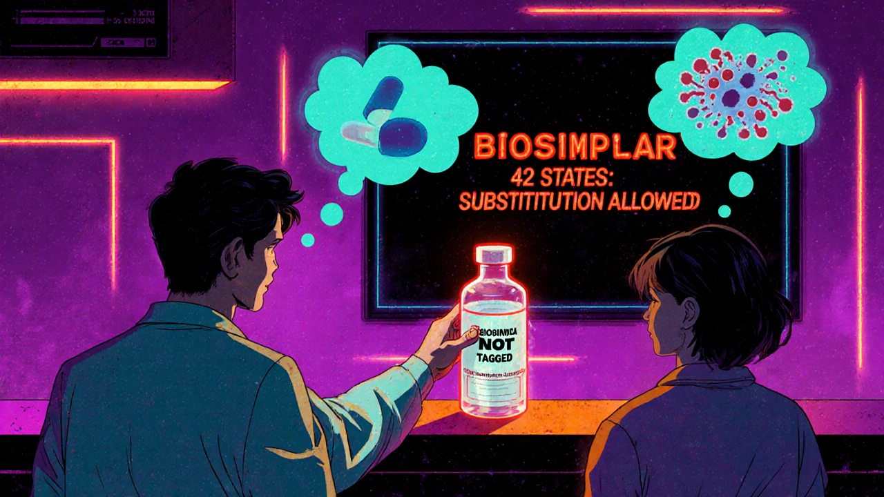 Pharmacist selecting a biosimilar while an EHR screen shows an error message.