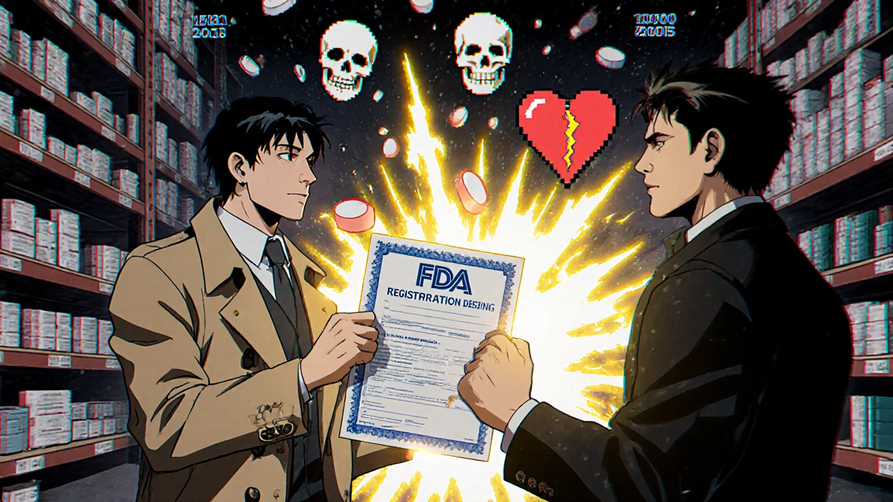 Pharmacy owner confronts corrupt supplier as counterfeit pills turn into skulls and hearts.