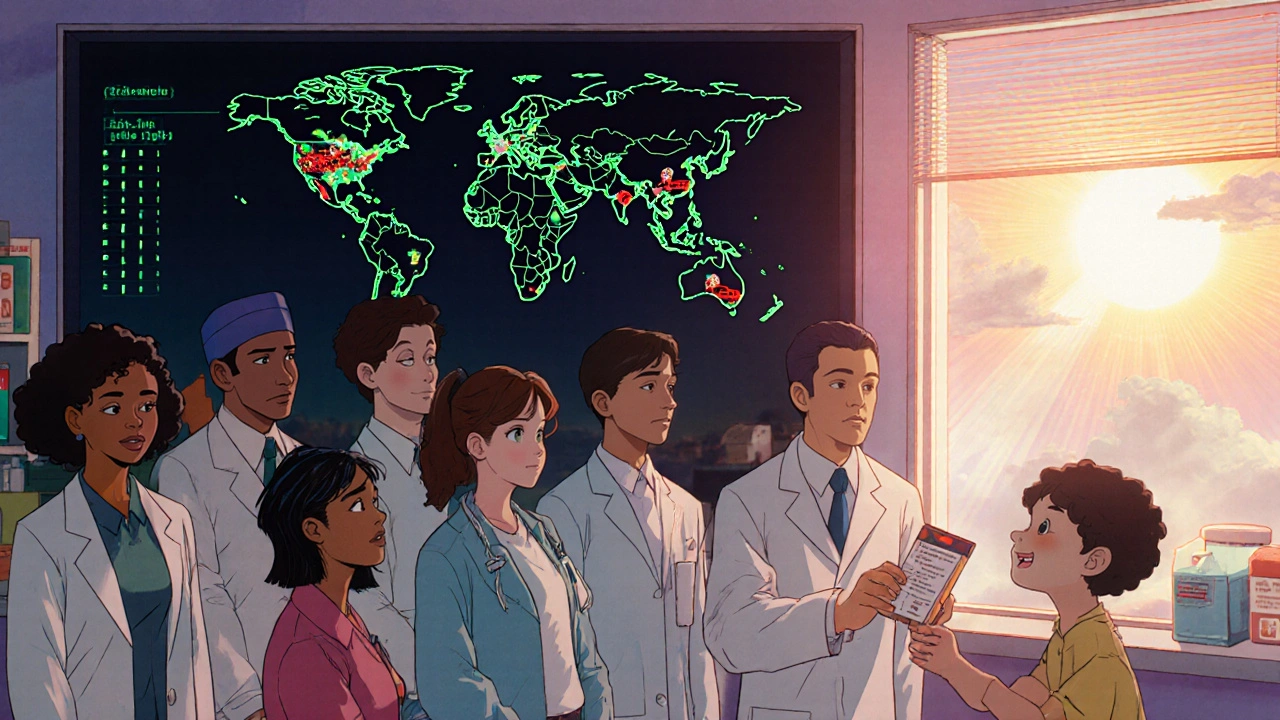 Pharmacy team monitors supply chain on digital wall as sunlight shines on safe medication delivery.