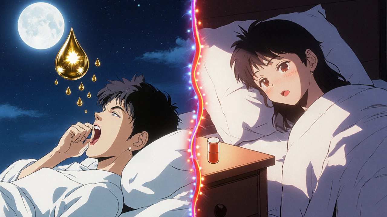 Split scene: person coughing at night vs. sleeping peacefully with a once-daily pill on the nightstand.