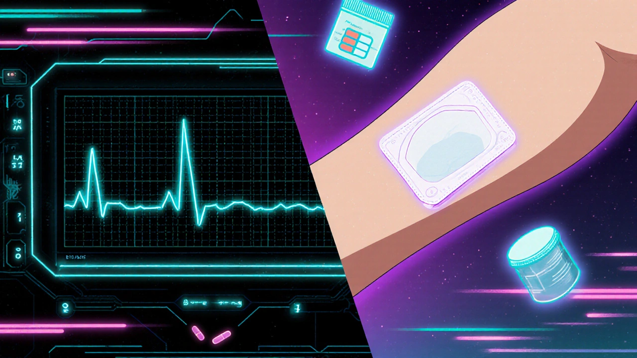 Split scene showing dangerous QT prolongation vs. safe transdermal patch alternative.