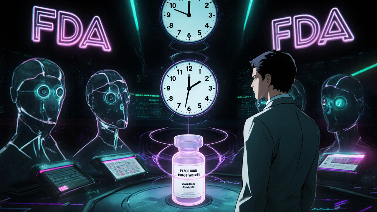 Three countdown clocks above a biologic drug in a futuristic FDA lab, with shadowy generics restrained by invisible barriers.