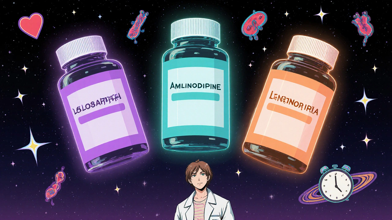 Three pill bottles floating in space with colored auras, watched by a patient under starry skies.