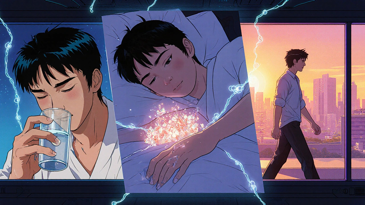 Three scenes show healing over time: drinking water, sleeping peacefully, and walking in sunlight.