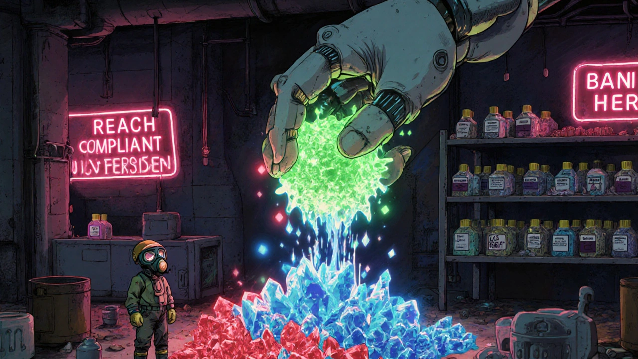 Toxic chemicals being replaced by glowing alternatives in a lab, with separate products labeled for EU and US markets.