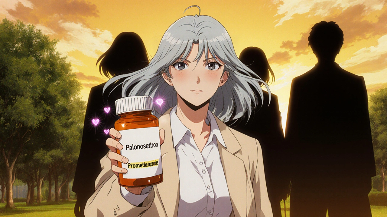 Woman walking in park holding safe antiemetic pill, shadowy sedating drugs fading behind.