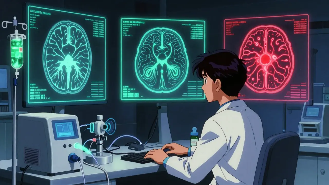 A neurologist monitoring holographic brain scans showing amyloid plaques and tau tangles in a high-tech lab.