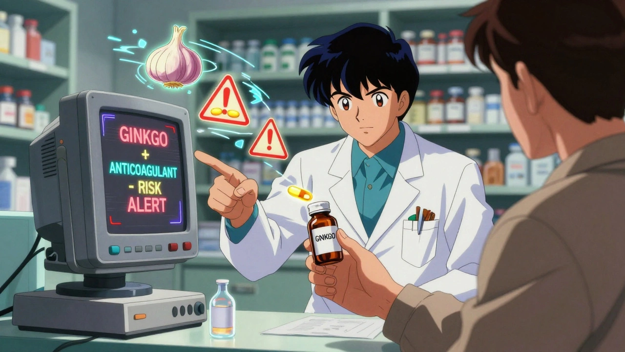 A pharmacist alerts a patient about Ginkgo and anticoagulant risks in a glowing pharmacy scene.
