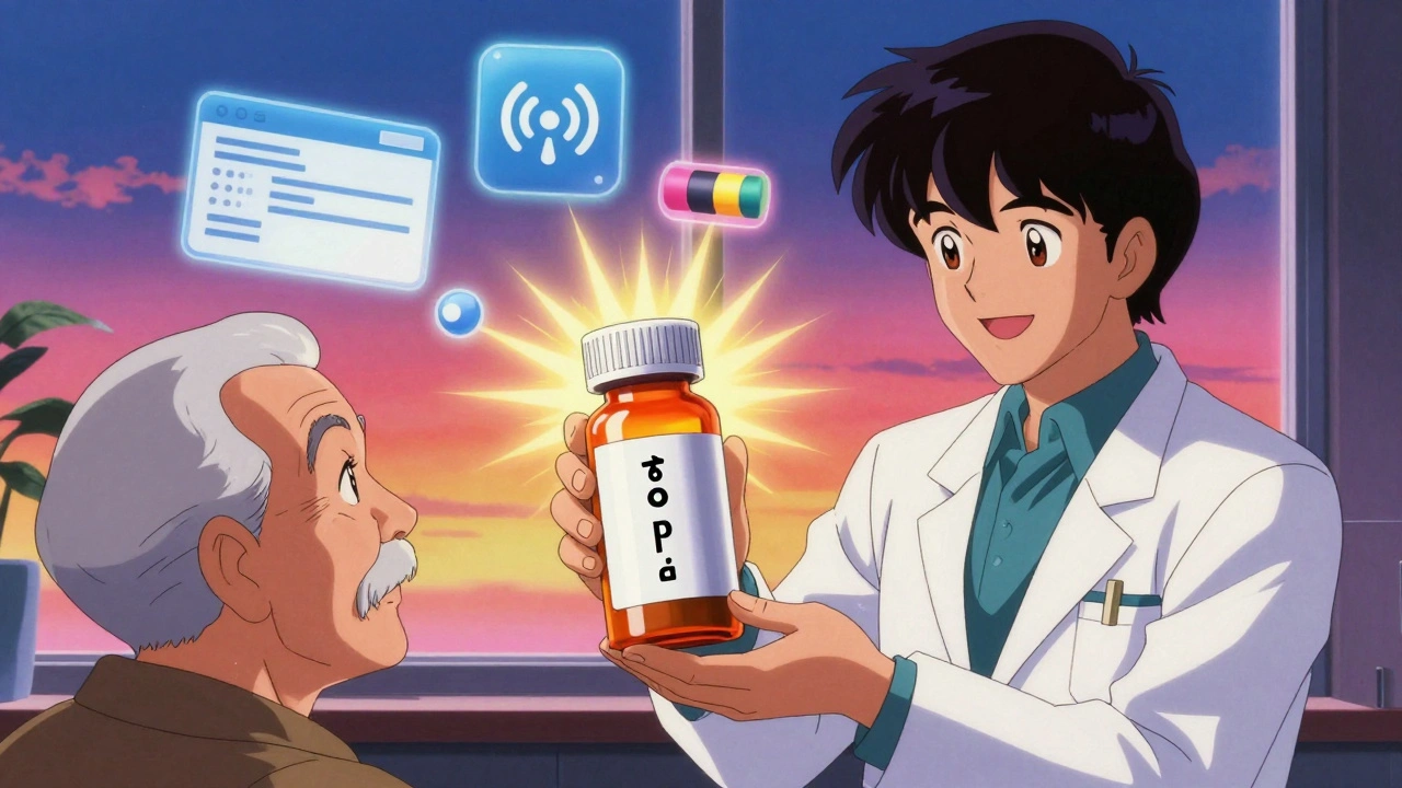 A pharmacist handing a senior an easy-open pill bottle with large print and braille labels, glowing with warm light.