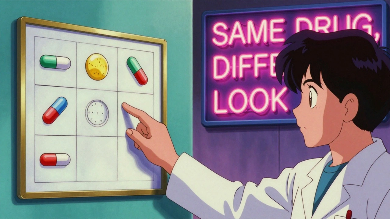 A pharmacist shows a patient a chart of five pill variations for the same medication, with neon signs in the background.