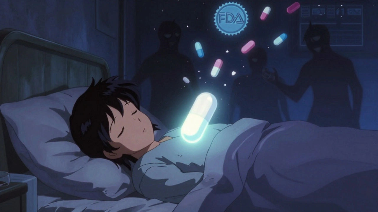 A sleeping patient is guarded by a glowing white pill, while distorted colored pills fade into dust behind them.