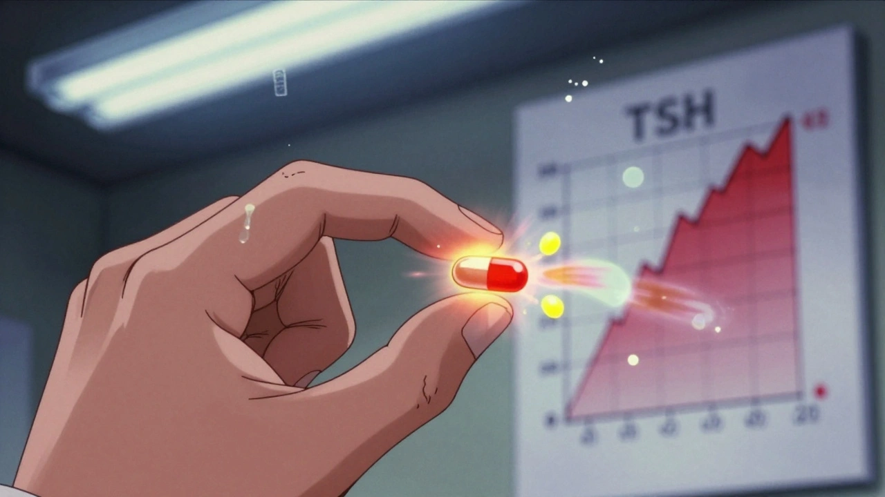 A trembling hand holds a thyroid pill as colorful dyes leak out, with a medical chart showing rising TSH levels in the background.
