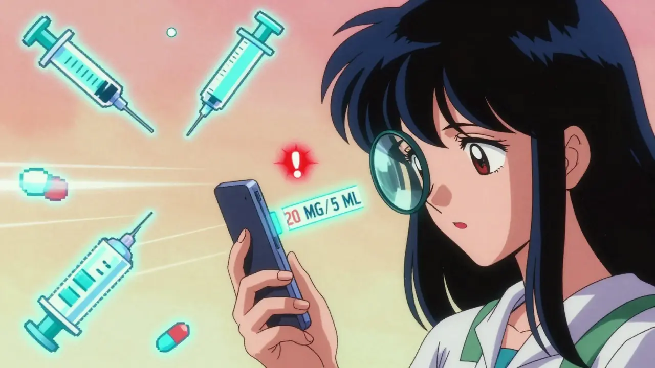 A woman using a phone magnifier to examine a liquid medicine concentration label with floating warning symbols.