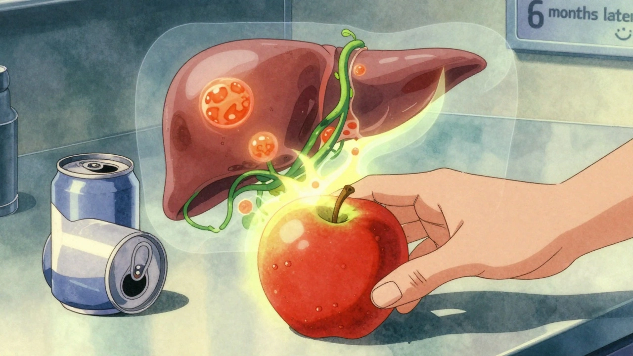 An apple replacing a soda can with a healing liver glowing behind it in anime style.