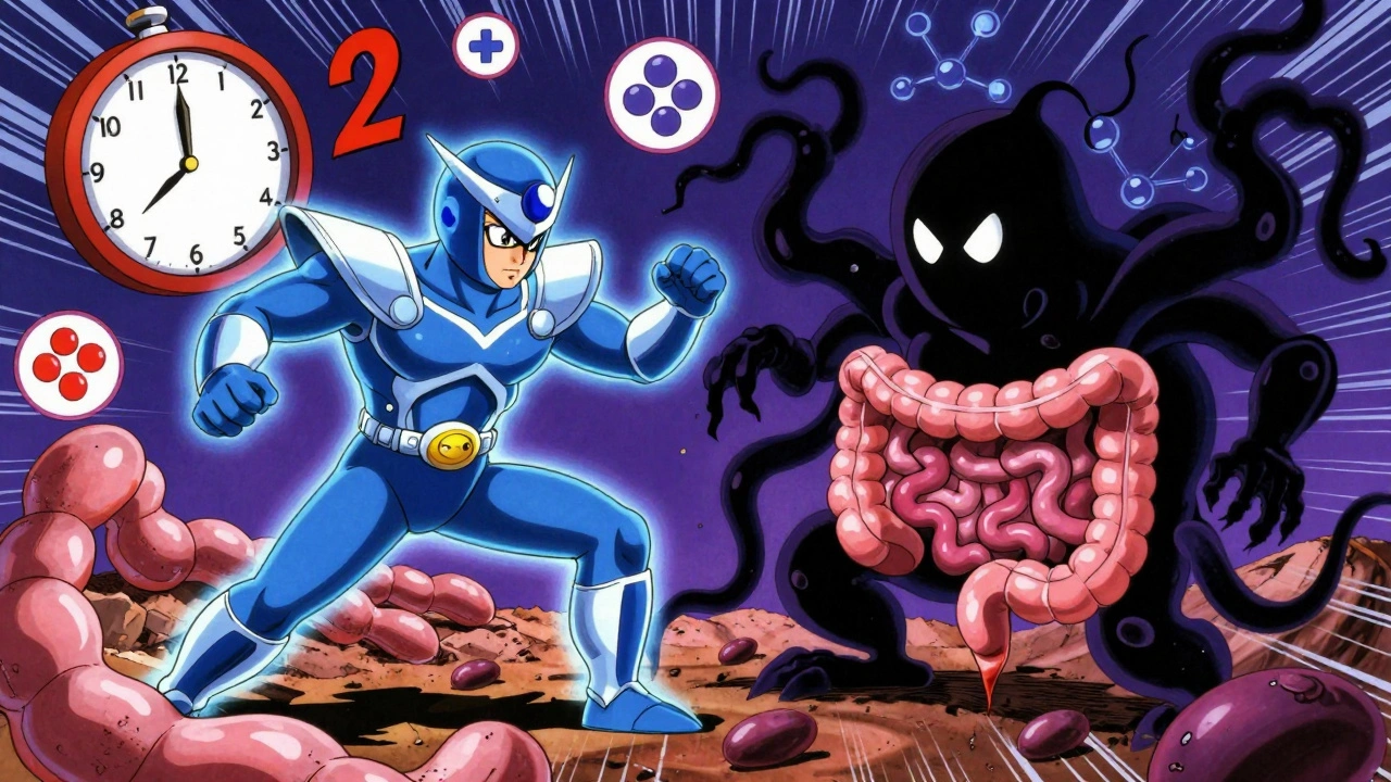 Cartoon battle between hormone warrior and soy monster inside the digestive tract.
