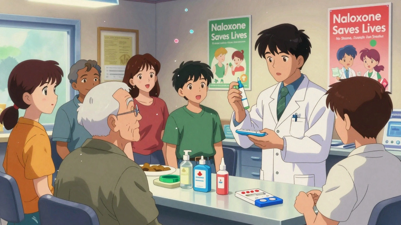 Community members learning to use naloxone spray with pharmacist