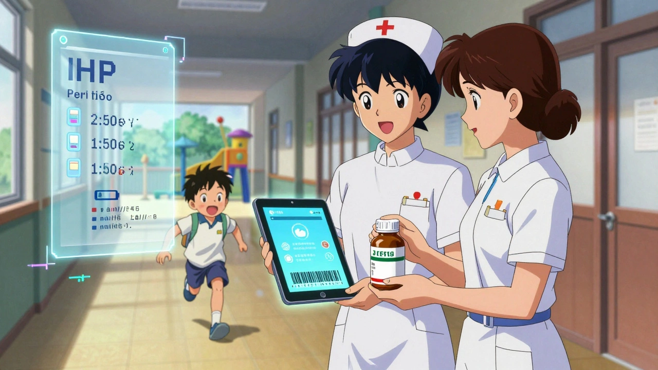 Digital medication app confirms dose while nurse and parent hold labeled bottle.