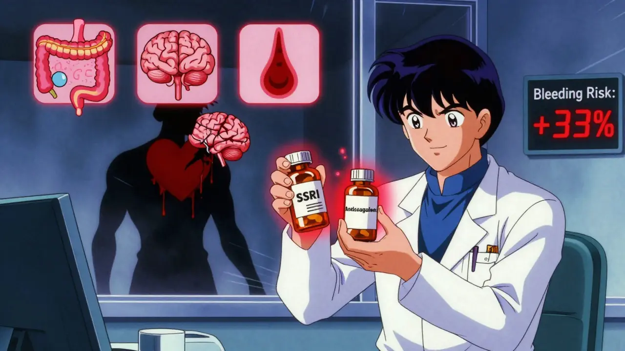 Doctor holding two pills with glowing warning aura, patient's shadow shows bleeding sites