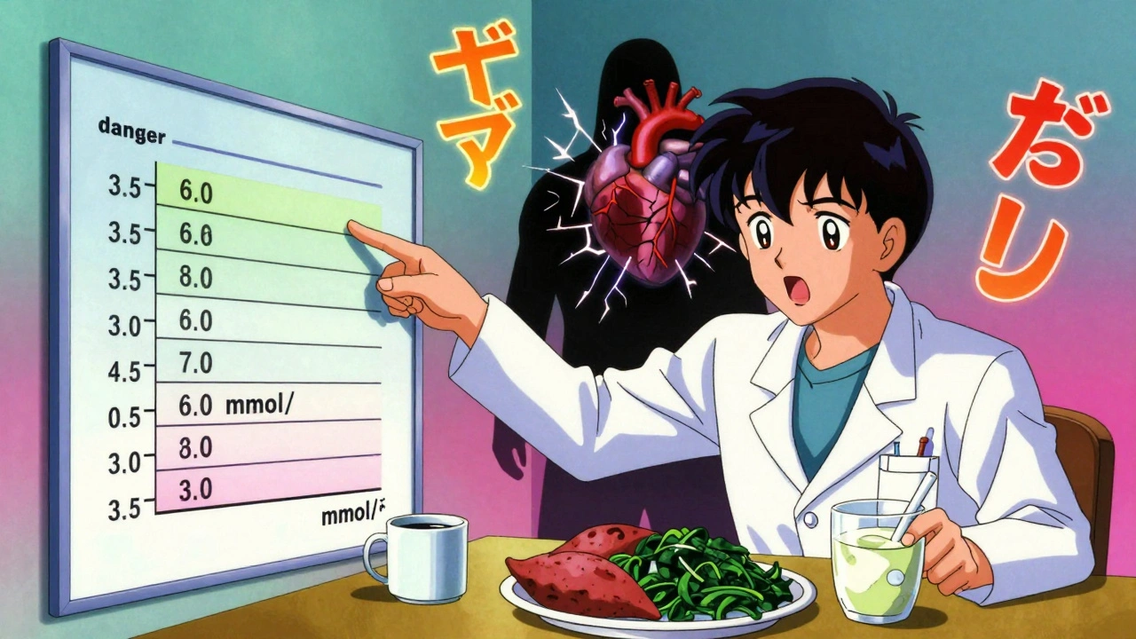Doctor showing blood test chart as patient eats high-potassium foods, with warning heart in background.