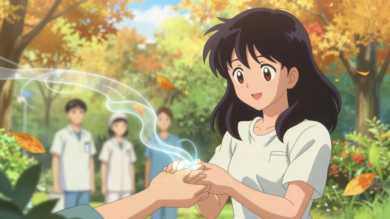 Donor and recipient holding hands in garden, energy flowing between them, anime style
