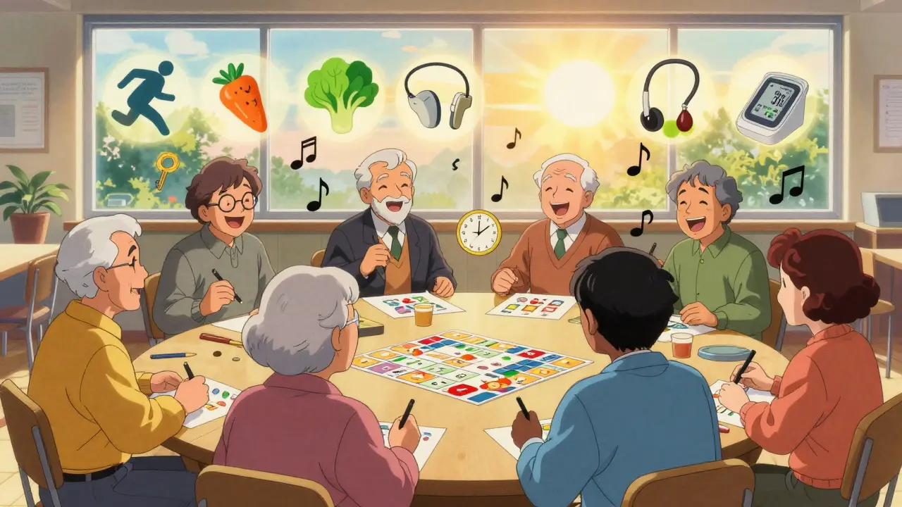 Elderly people laughing during a memory game session, with healthy lifestyle symbols glowing around them.