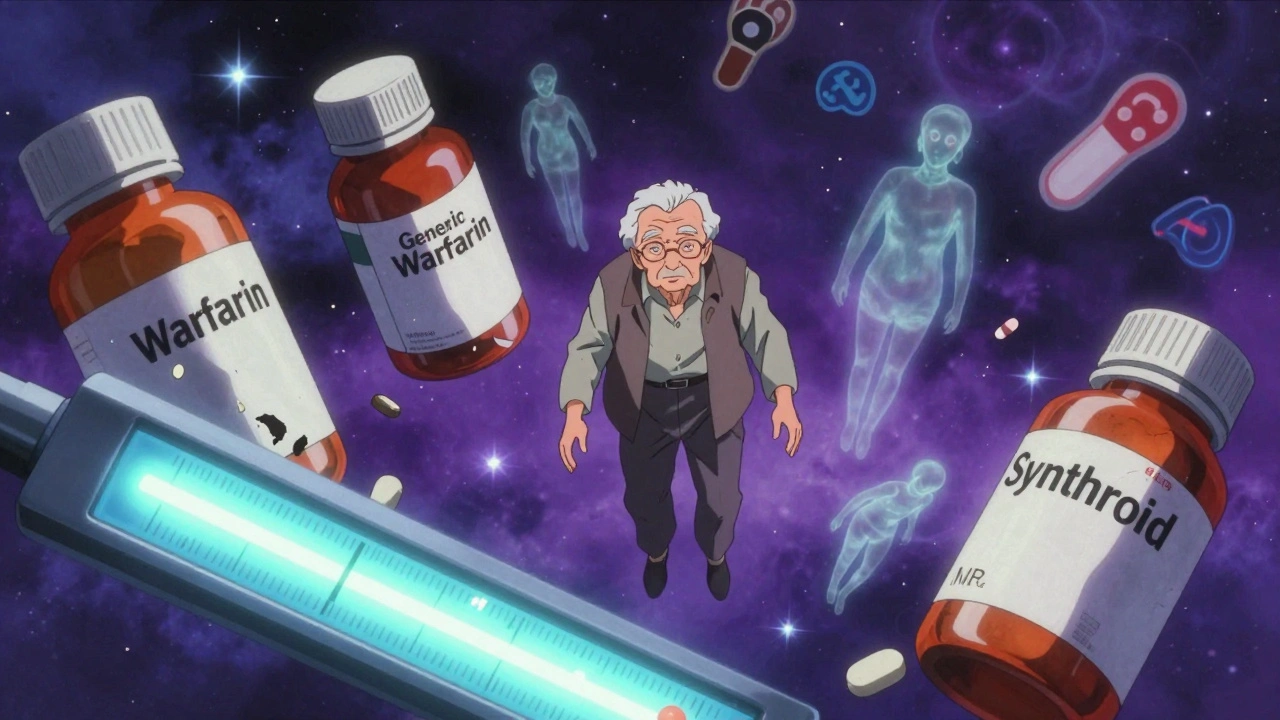 Elderly person floating in space among crumbling generic drug bottles and spinning INR meter.