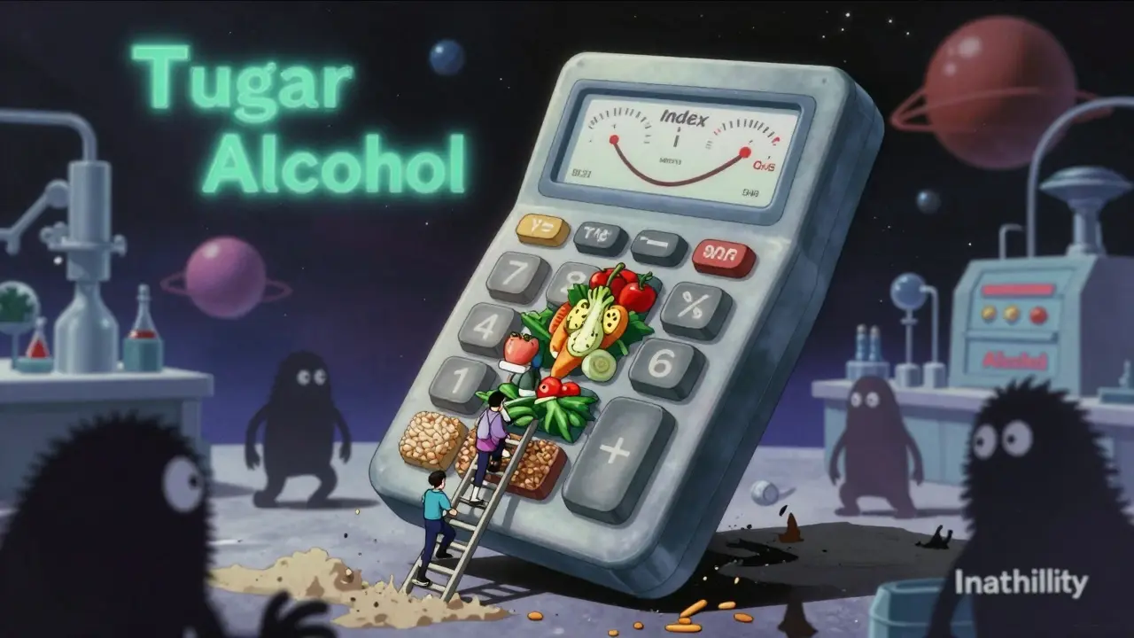 Giant TyG Index calculator floating in space, humans climbing a ladder of healthy foods, monsters crumbling below.