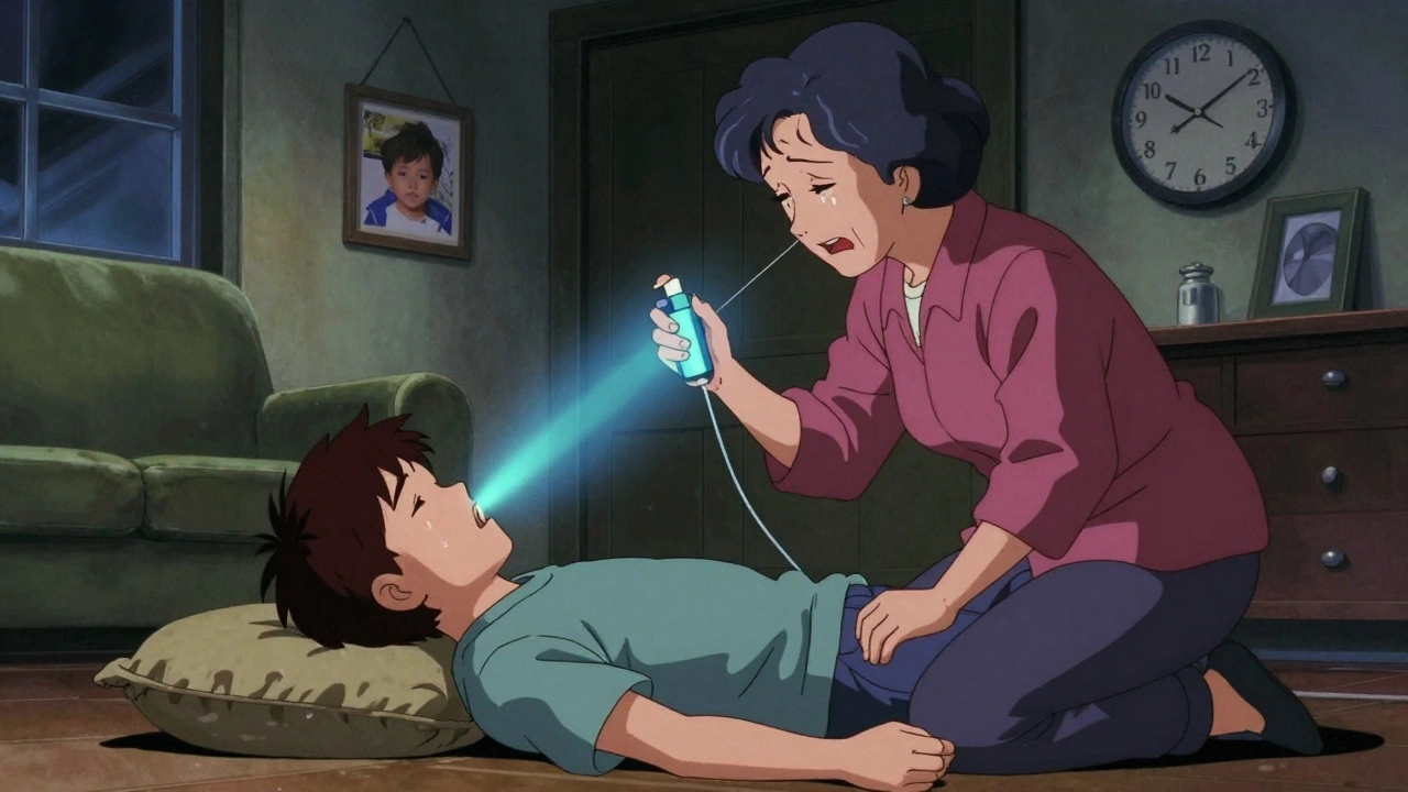 Grandmother administering naloxone to unconscious grandson at night