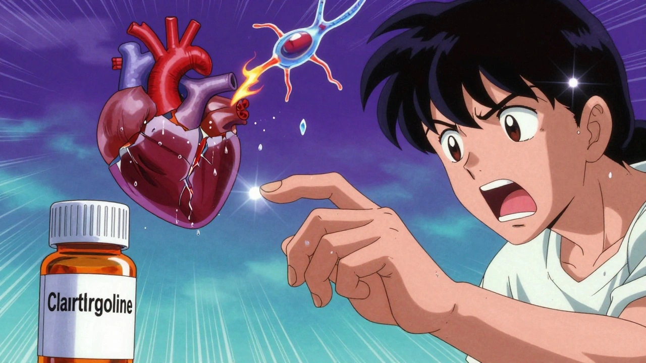 Hand reaching for cabergoline and clarithromycin pills with surreal heart valve and neuron effects.