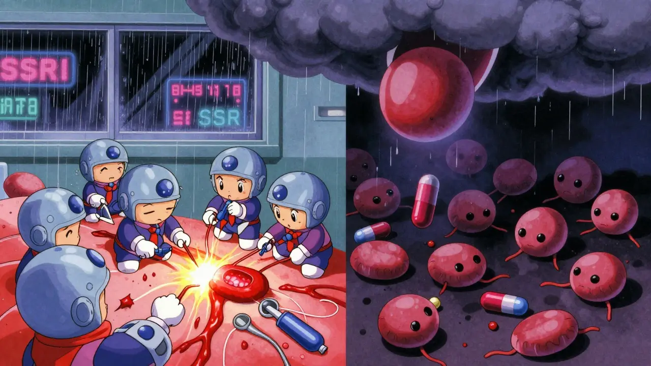 Healthy vs impaired platelets repairing a wound, serotonin draining from above