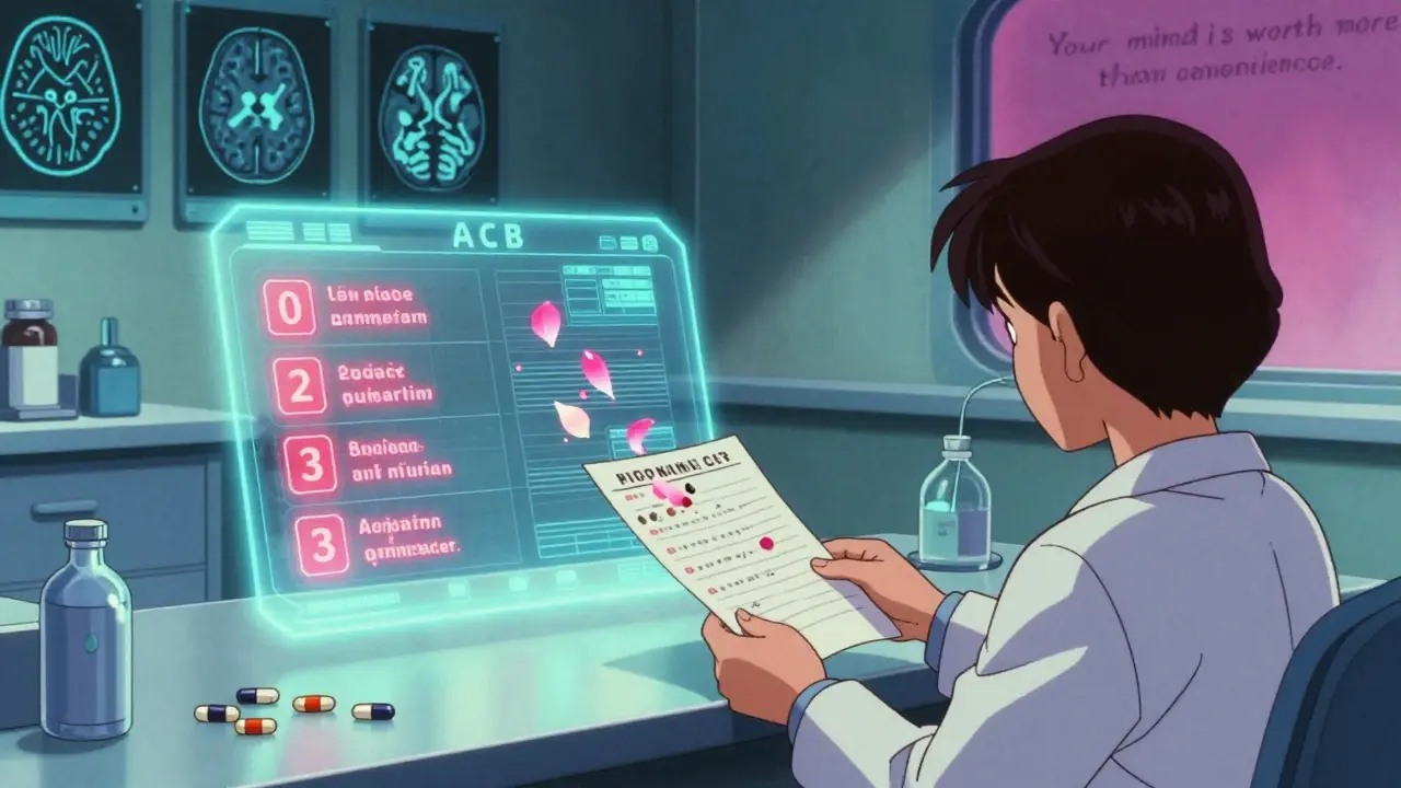 Holographic ACB scale ranking drugs in a doctor's office, medications turning into petals as patient watches.