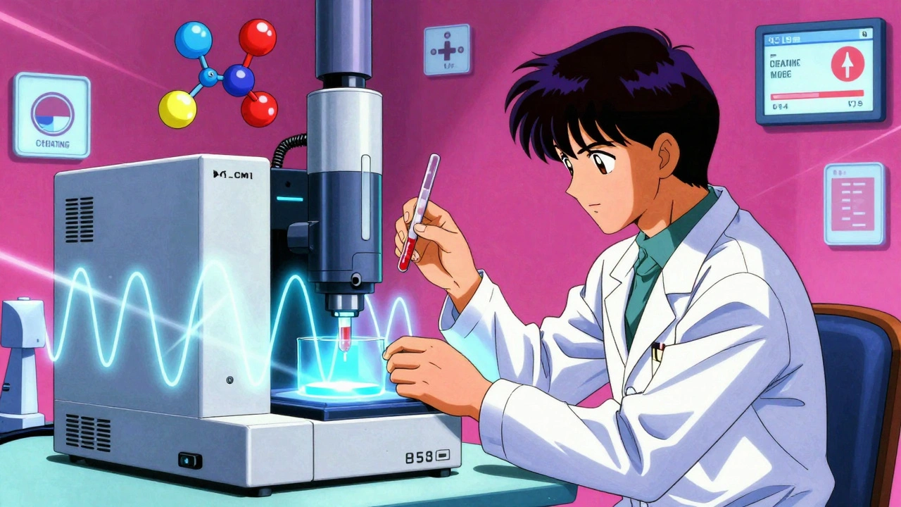Lab technician analyzing blood sample with swirling molecular data and floating lab metrics.