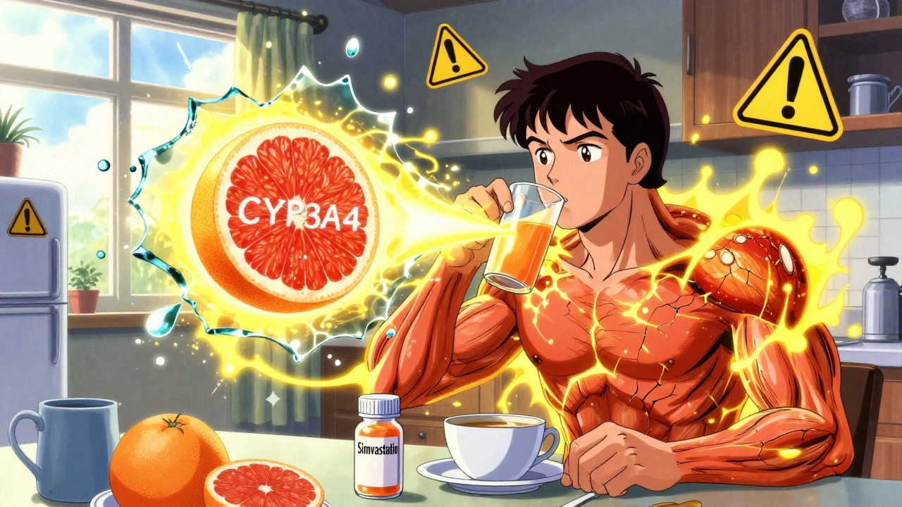 Man drinking grapefruit juice as simvastatin enzyme shatters, toxic energy spreading through his body.