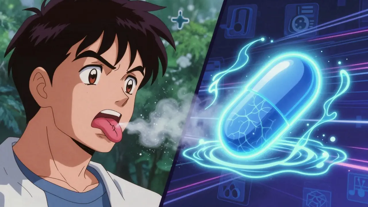 Man with dry mouth on one side, glowing alternative pill releasing moisture and neural energy on the other.