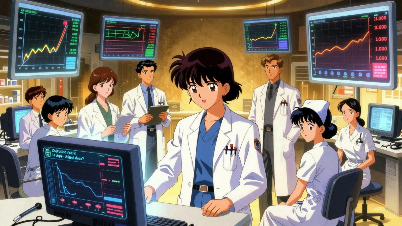 Medical team monitoring digital health graphs in a futuristic control room with AI interface.